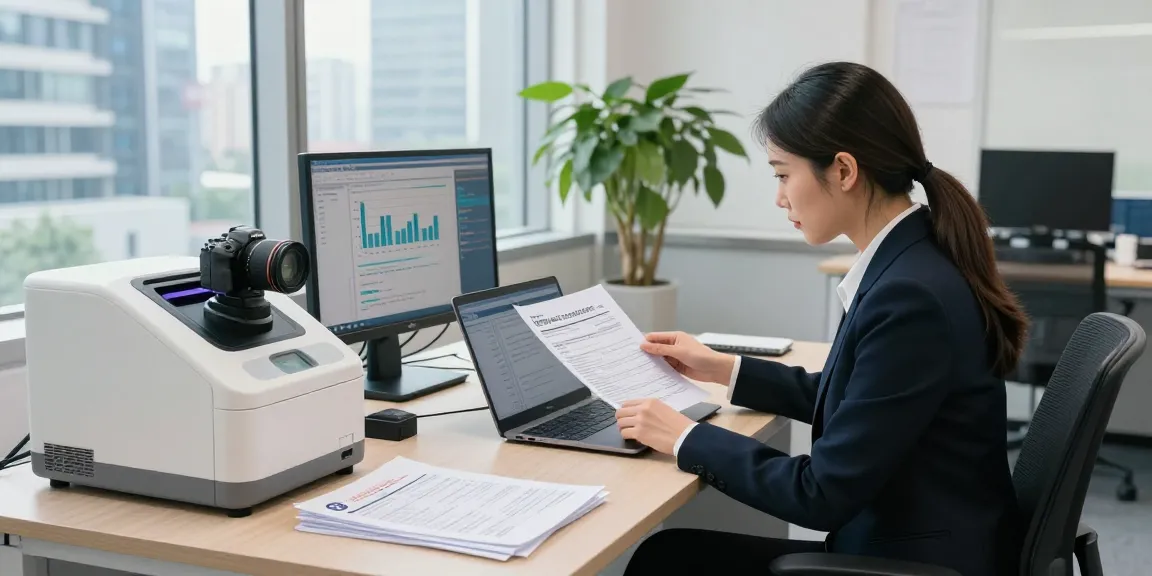 Professional woman conducting document fraud detection analysis in a modern office.
