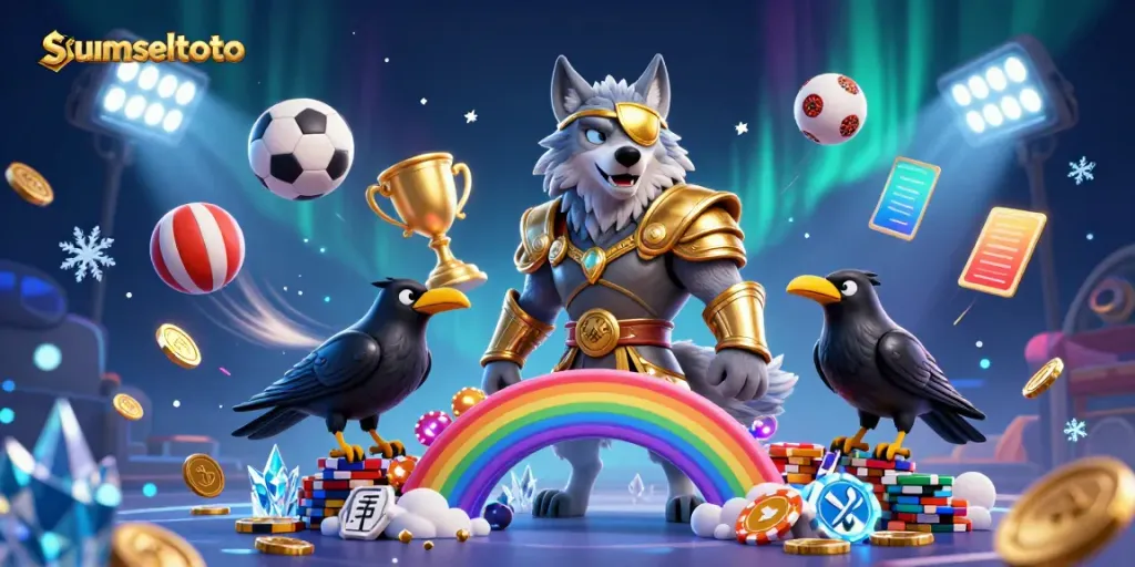 Win exclusive bonuses at sumseltoto with a vibrant casino-themed illustration showcasing sports elements.