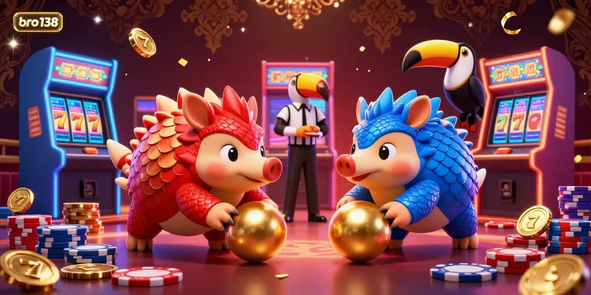 Engage in thrilling slot action with bro138 as rival pangolins compete amidst golden chips and arcade machines.