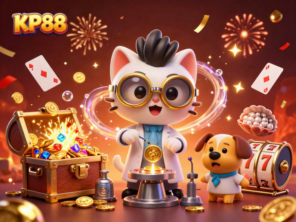 KP88 bursts with excitement in a vibrant 3D casino scene filled with gold coins and colorful gems.