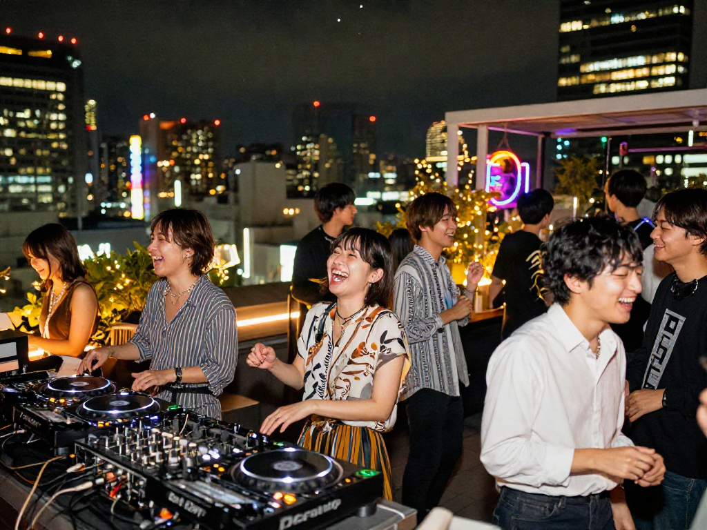 现代城市夜生活场景，年轻人聚会，展示日本AV文化的热情和时尚。