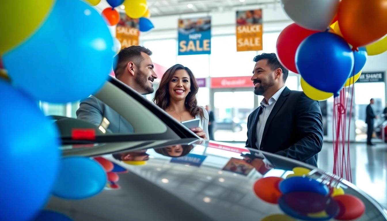 Buy New Car with a couple exploring a contemporary dealership filled with vibrant banners.