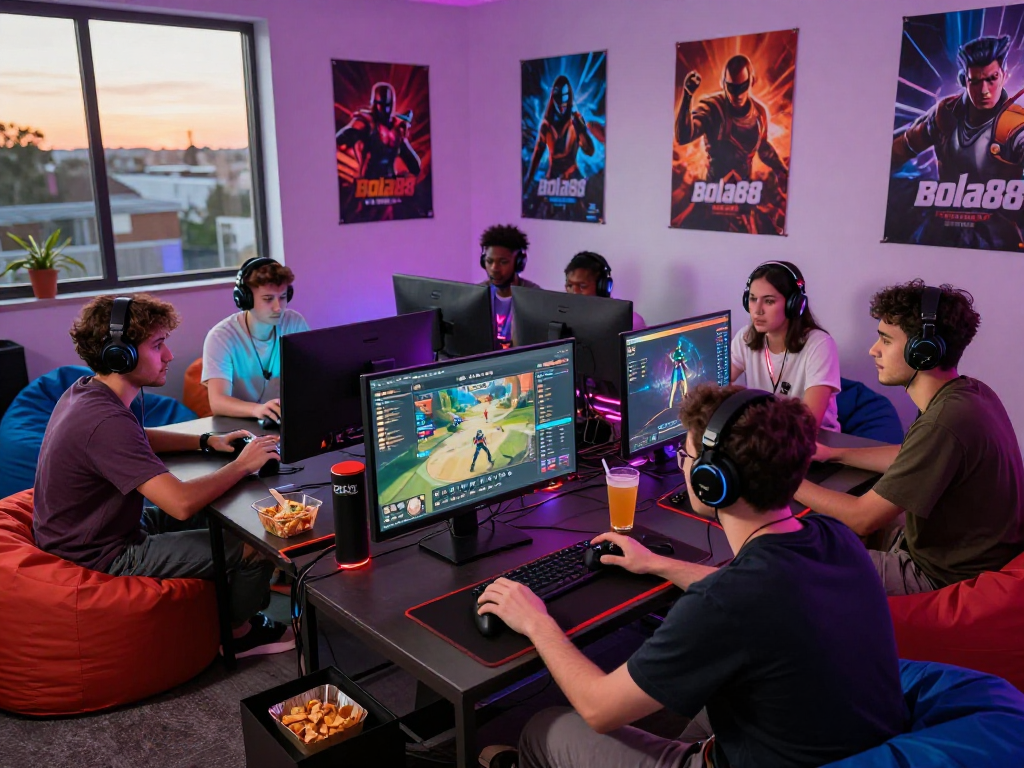 Bola88 gaming experience with friends, showcasing vibrant setup and immersive atmosphere.