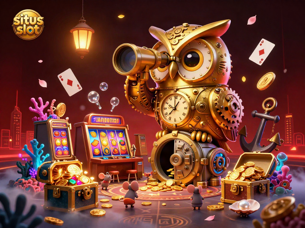 Merayakan keseruannya, situs slot menampilkan ilustrasi kasino yang meriah dengan burung hantu emas dan mesin slot berkilauan.