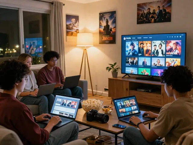 Friends enjoying a movie night using ZoeChip in a cozy living room