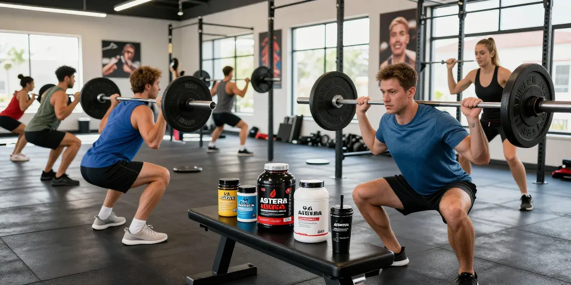 Group of athletes using Astera Shop products during strength training session in modern gym.