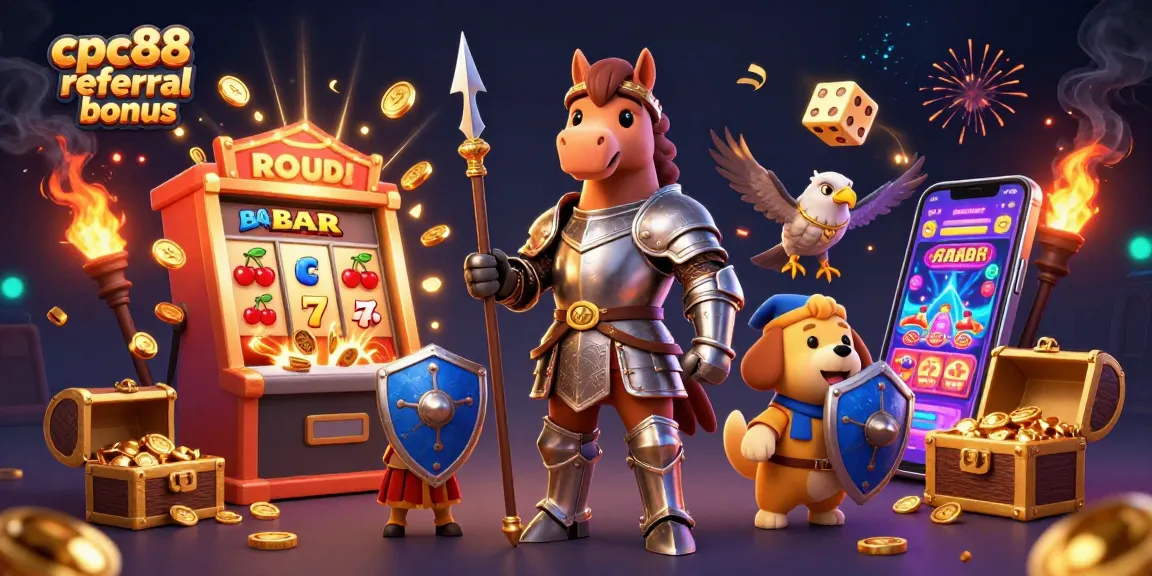 CPC88 referral bonus illustrated with a 3D medieval knight, slot machines, and exciting casino elements.