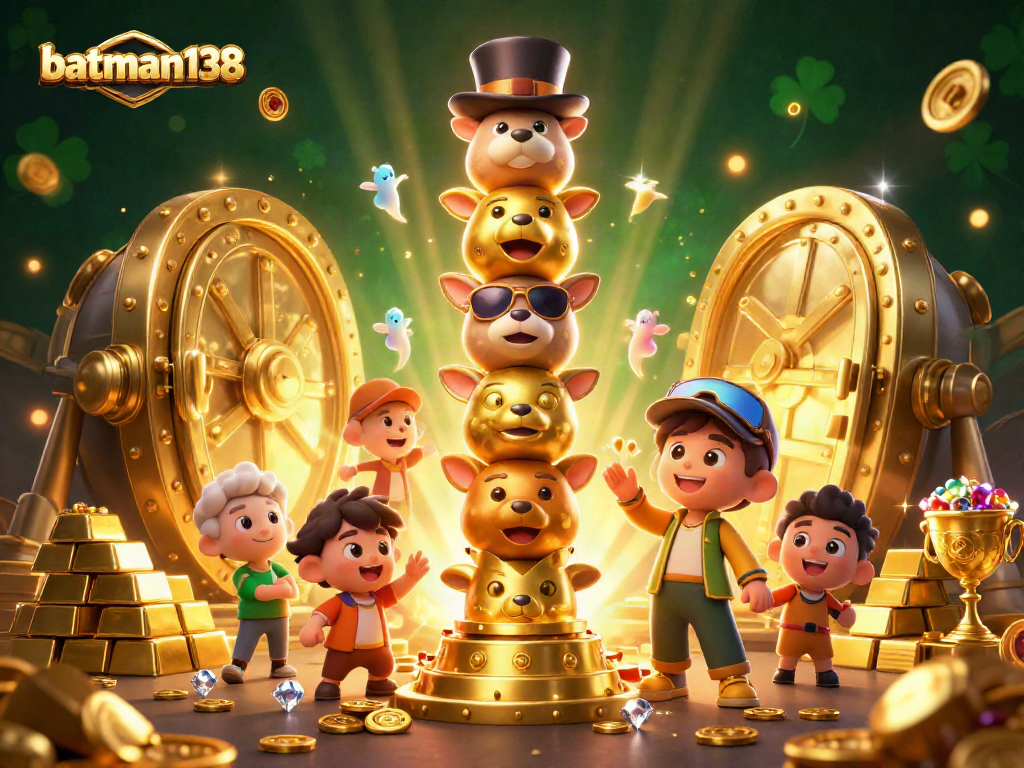 Engage with batman138 in this vibrant casino scene, featuring lively gold-filled elements and animated characters.
