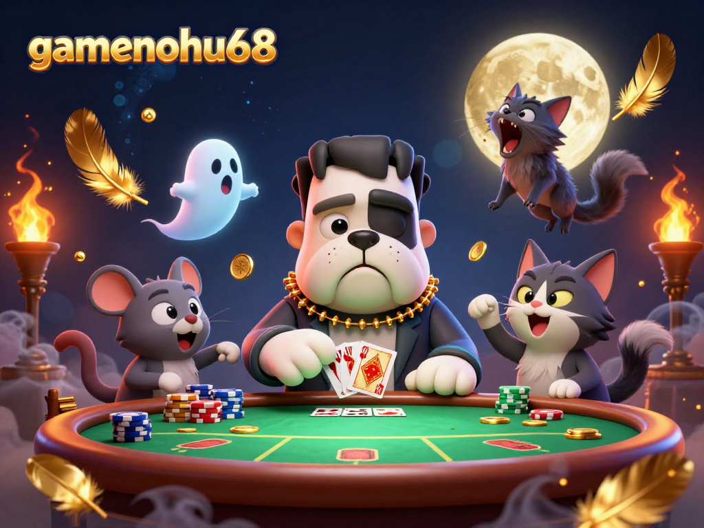 Play poker with gamenohu68’s unique characters, showcasing thrilling hand and dynamic atmosphere.