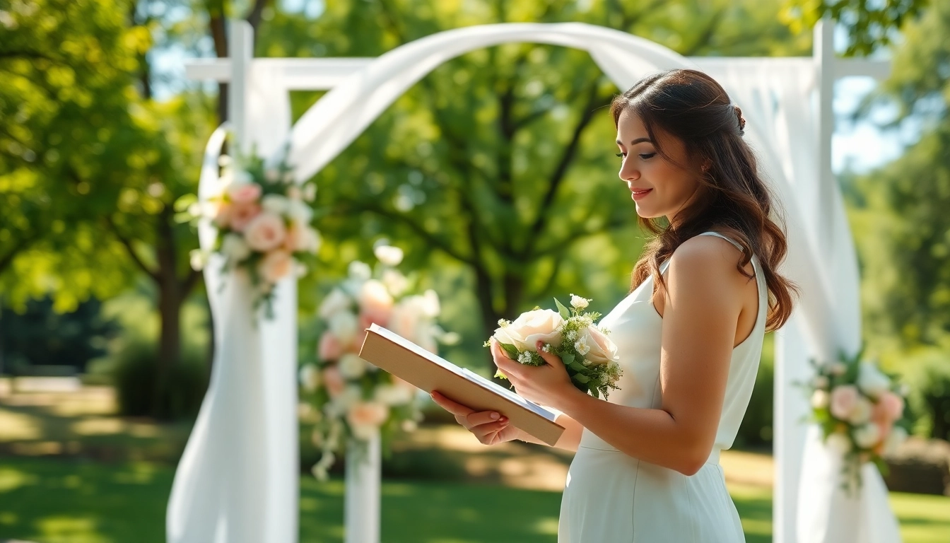 Washington dc wedding coordinator expertly arranging floral decorations in a lush outdoor setting.