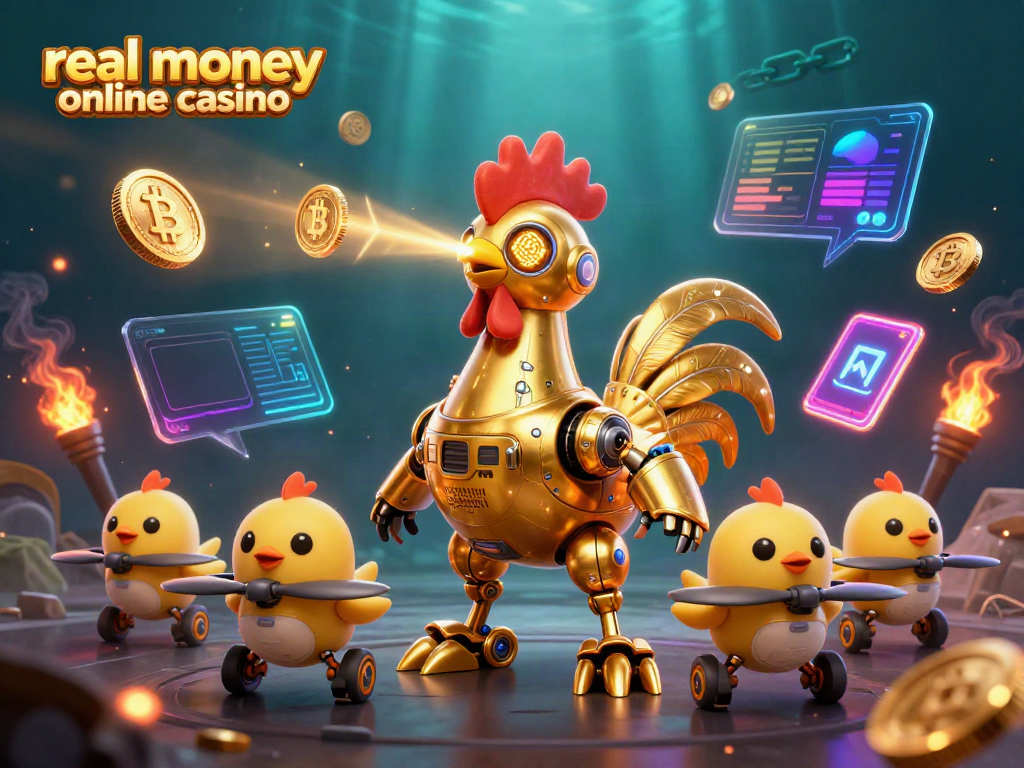 Engage in real money online casino gaming with a vibrant illustration of a golden rooster robot and baby chick drones.