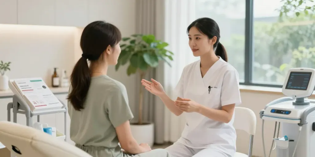 Klow peptide therapy consultation in a serene clinic environment with a patient and healthcare professional.