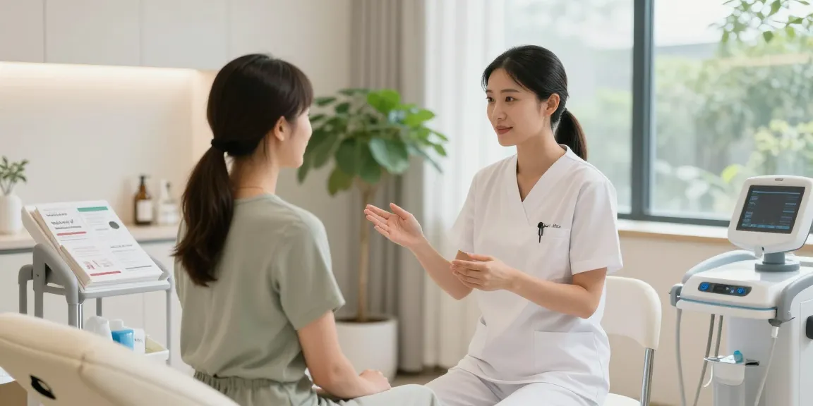 Klow peptide therapy consultation in a serene clinic environment with a patient and healthcare professional.