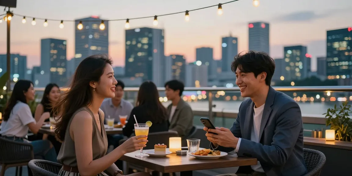 강남 세이렌을 즐기는 젊은 전문가들이 야외 루프탑에서 소통하는 모습