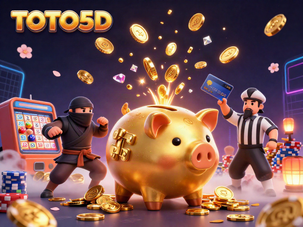 TOTO5D lottery excitement with a golden piggy bank wrestler and colorful bingo cards in action