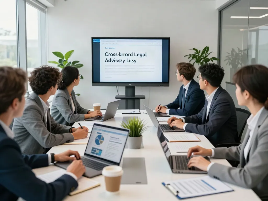 Lead Roedl team collaborating in a modern office environment, discussing legal advisory strategies.
