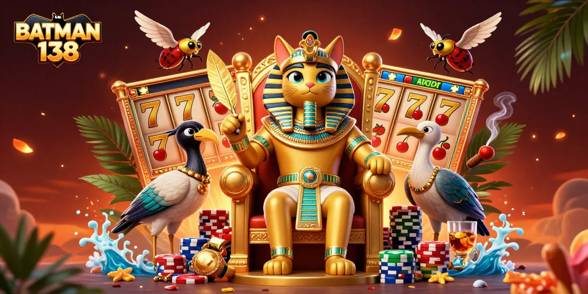 BATMAN 138 menampilkan kucing firaun kartun 3D di singgasana, dikelilingi simbol slot dan tumpukan chip poker