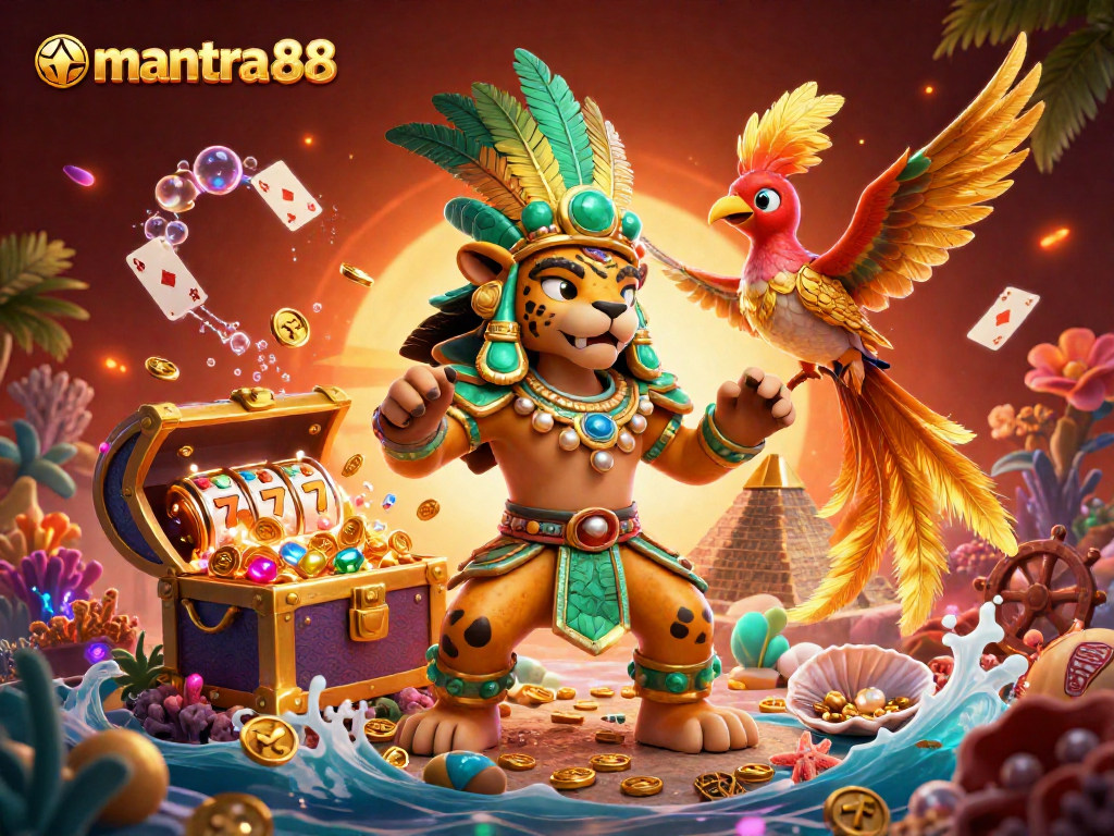 Experience the thrills of mantra88 with a vibrant illustration of a Mayan priest amidst shimmering slots and treasures.