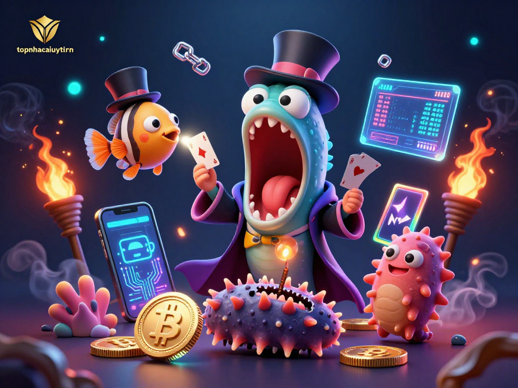 Topnhacaiuytinn showcases a magical scene with a bioluminescent gulper eel dazzles players with card tricks.