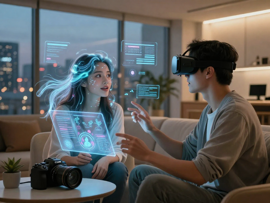 A digital interaction between a user and an AI girlfriend in a modern lounge, emphasizing advanced technology and companionship.