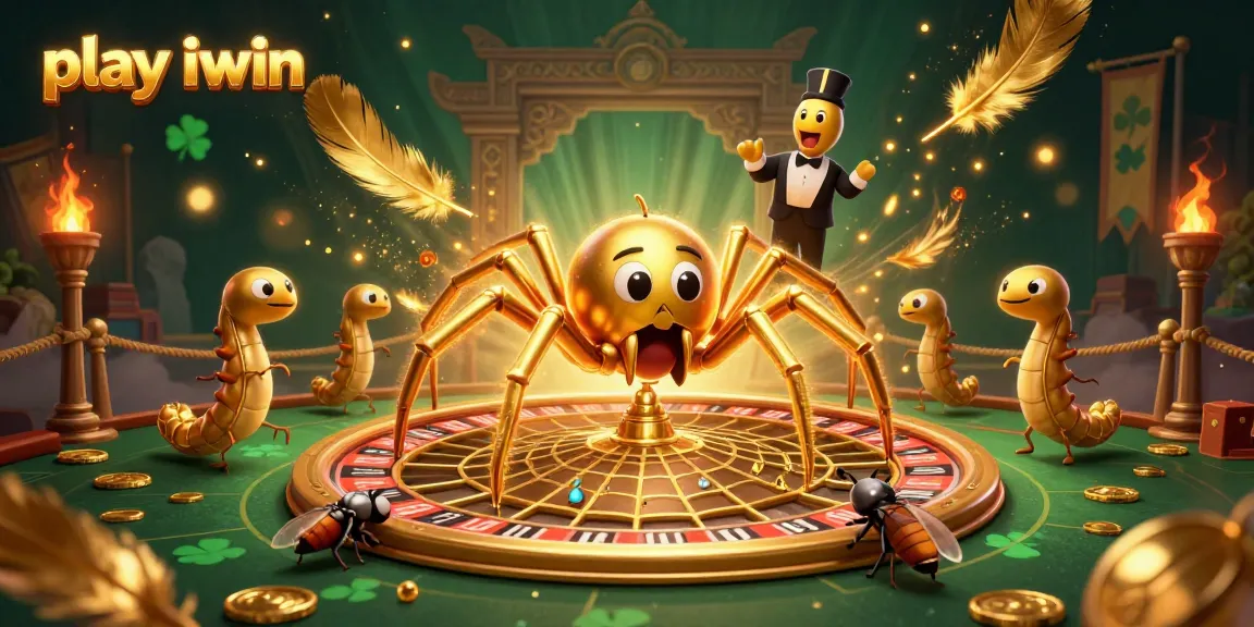Spin the wheel and play iwin with a vibrant illustration of a golden spider and centipede croupier.