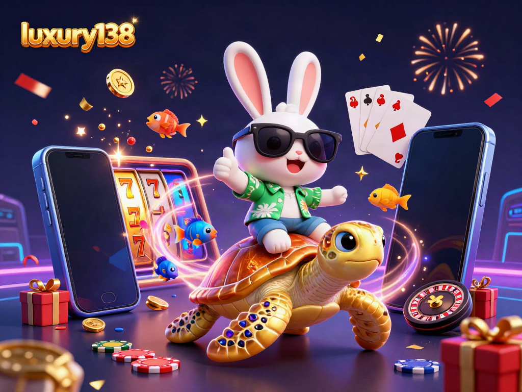 Experience luxury138 gameplay with vibrant casino elements surrounding an adorable lucky rabbit.