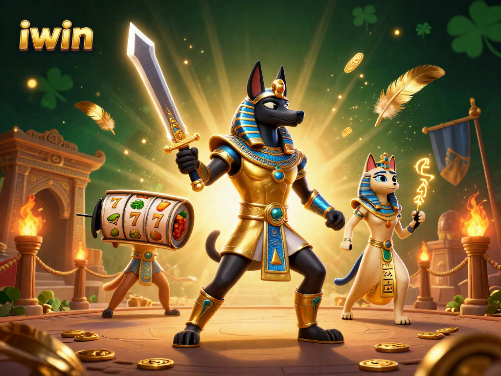 Spin the reels at iwin with Anubis and Bastet in a vibrant Egyptian casino illustration.