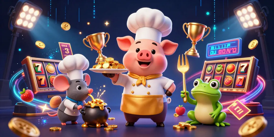 Experience gameplay excitement with au88, as a chef pig serves gold coins amidst vibrant slots.