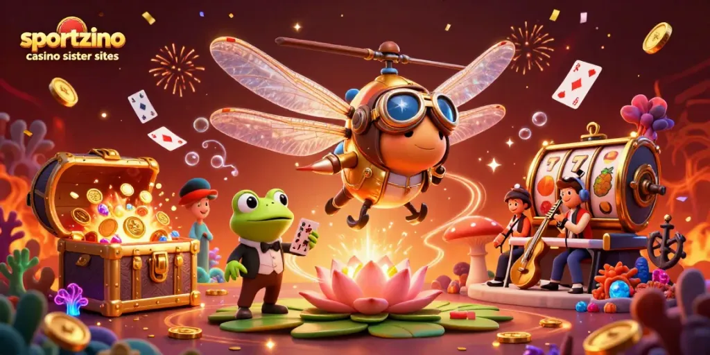 Watch the dynamic scene of sportzino casino sister sites featuring a dragonfly pilot, frog dealer, and jazz-playing crickets.