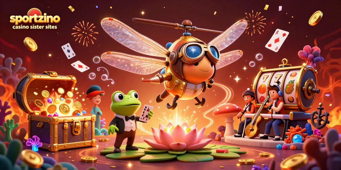 Watch the dynamic scene of sportzino casino sister sites featuring a dragonfly pilot, frog dealer, and jazz-playing crickets.