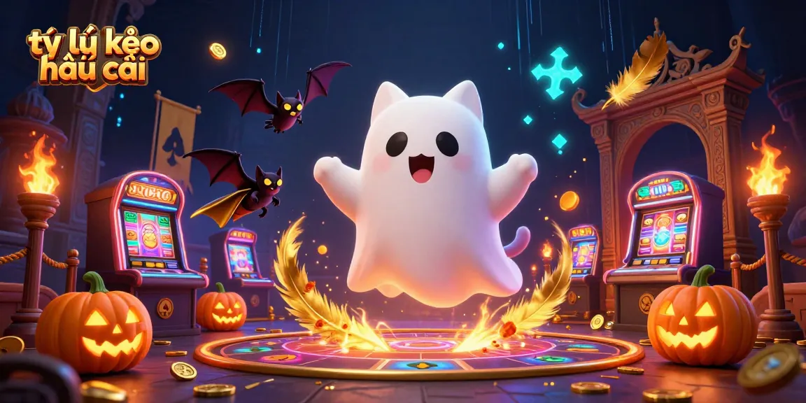 Bet on tỷ lệ kèo nhà cái with a playful ghost cat and glowing poker jack-o-lanterns in a haunted casino scene