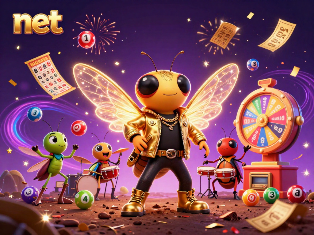Engage with net entertainment through dynamic lottery elements and animated characters in this vibrant scene.