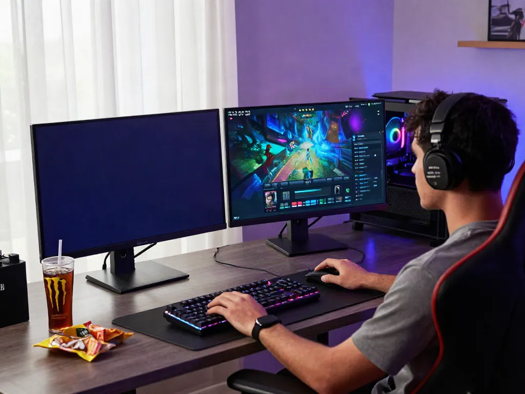 G15Tools setup with a gamer in focus, dual monitors displaying vibrant game graphics and tech tutorials, dynamic RGB lighting.