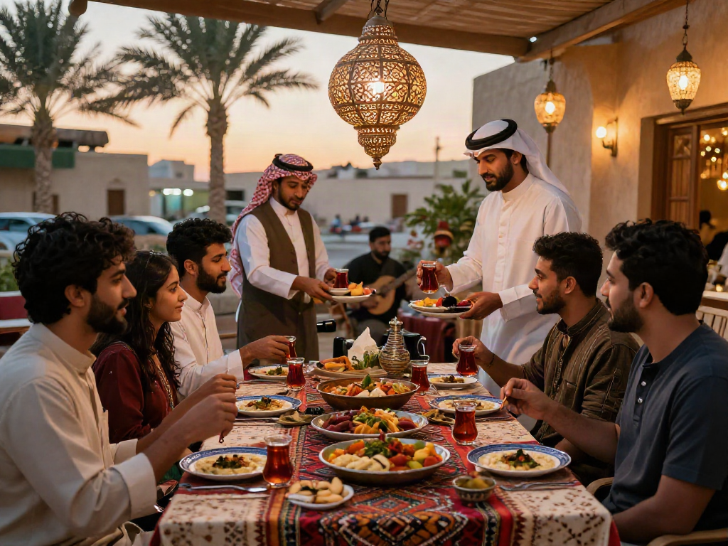 أصدقاء يتناولون الطعام في مطعم قھوجي في الریاض تحت إضاءة دافئة.