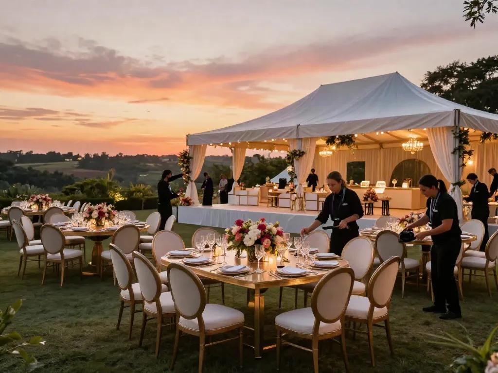Event furniture rental setup showcasing elegant tables, chairs, and decor at a sunset gala venue.