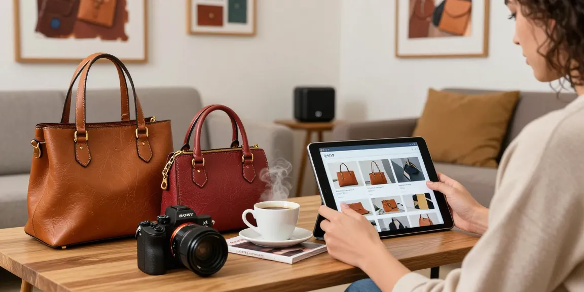 Discover stylish leather handbags and accessories while browsing online in this interactive shopping scene.
