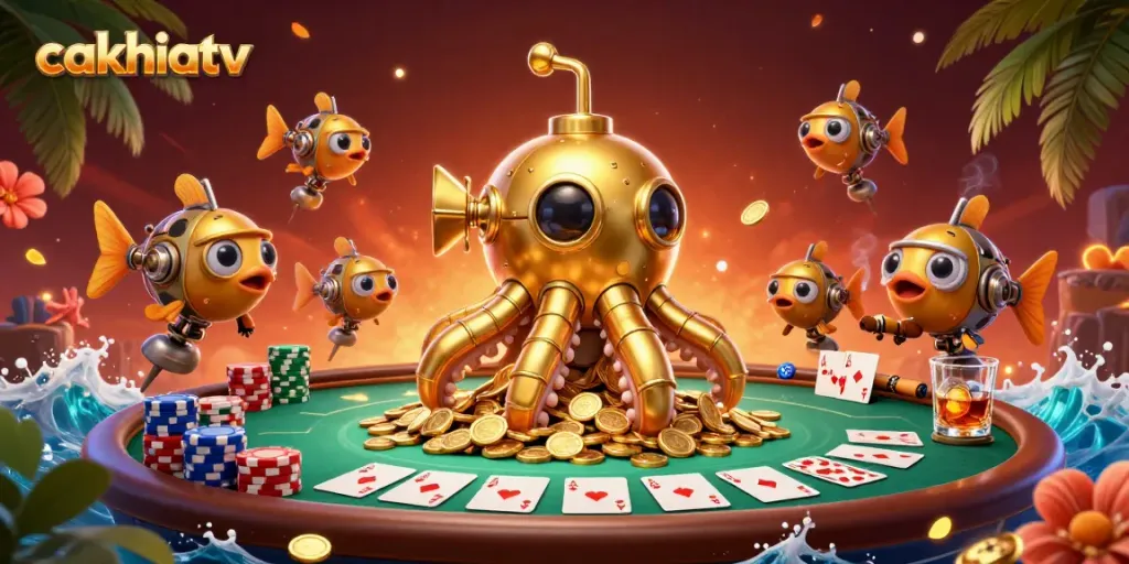 Experience the thrill of cakhiatv with a dynamic poker scene featuring a golden kraken submarine.