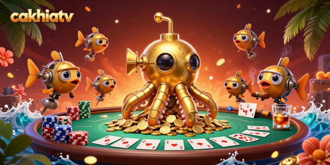 Experience the thrill of cakhiatv with a dynamic poker scene featuring a golden kraken submarine.
