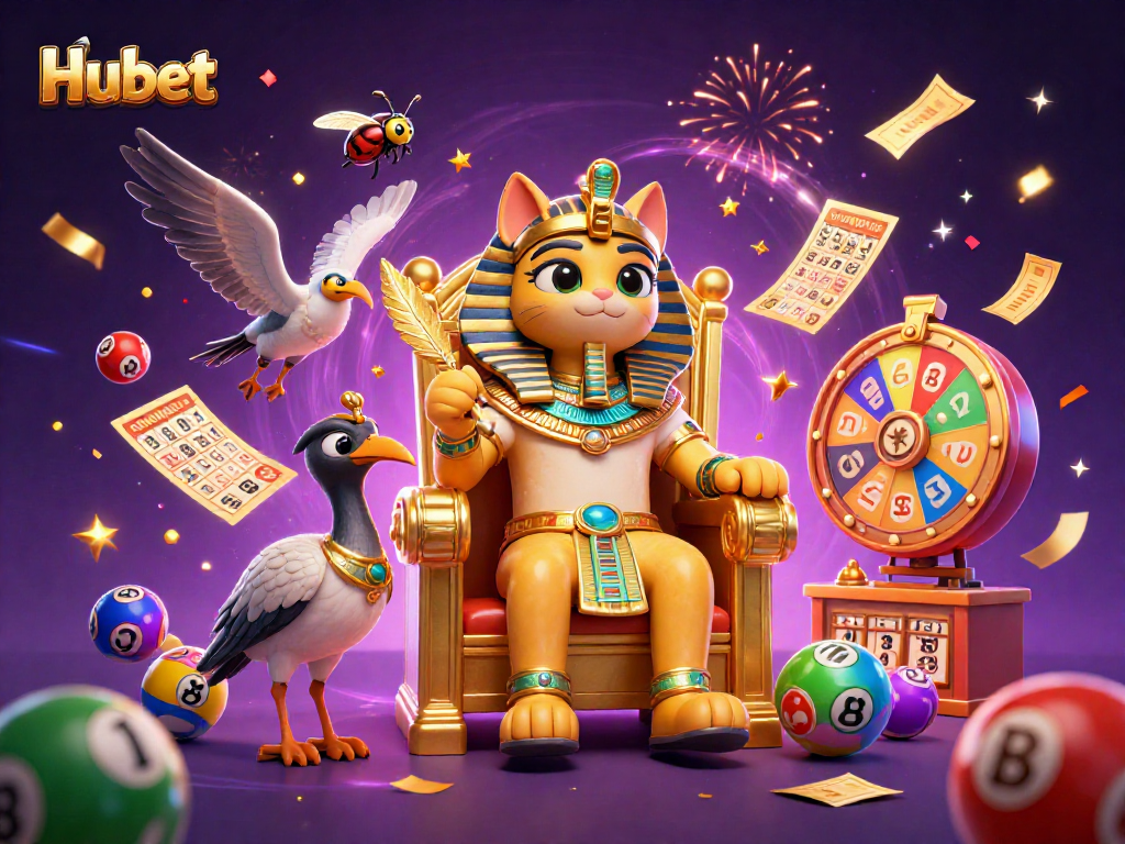 Hubet showcases a vibrant, animated gambling scene with dynamic lottery elements and themed characters.