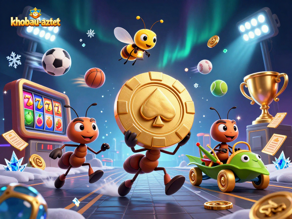 Play and win with khobau-aztec as ants run heists in a vibrant 3D gambling scene.