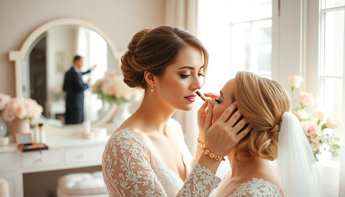 Dallas bridal makeup artist expertly applying makeup to a bride in a bright, elegant setting.