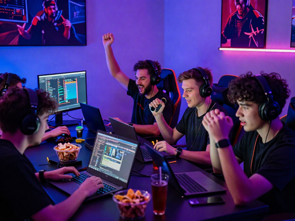 Engaging situs toto gaming session with players celebrating victories and analyzing stats in a vibrant, dynamic atmosphere.