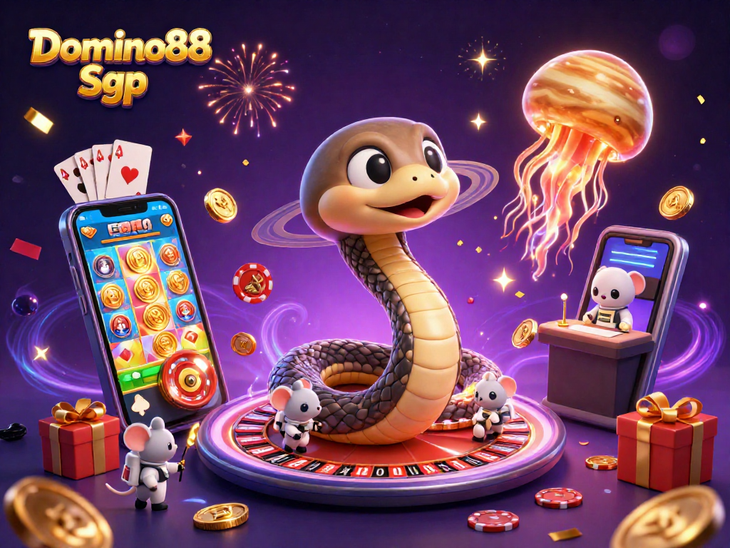 Engage with thrilling moments at Domino88 Sgp featuring a cosmic casino scene with animated characters.