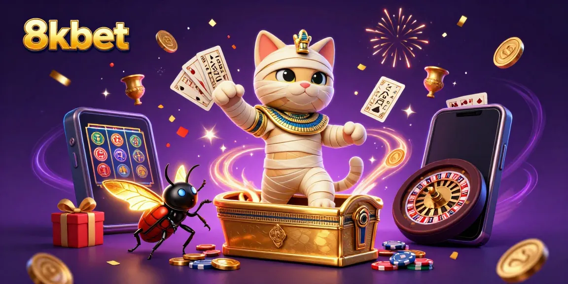 Experience the excitement of 8kbet with vibrant casino imagery featuring a mummy and gold elements.