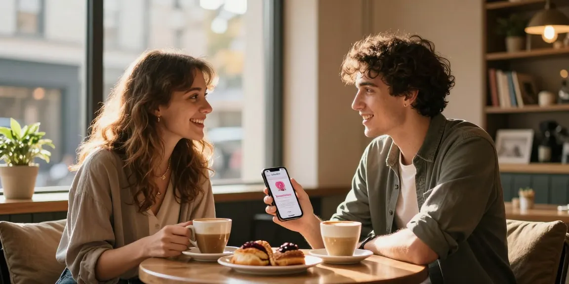 Two singles engaging over coffee while exploring the HundRoses app.