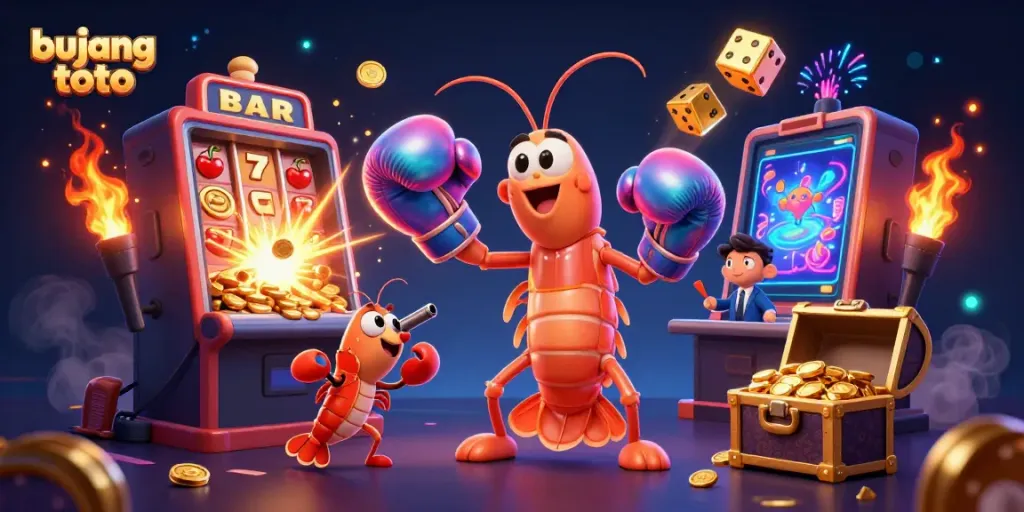 Bujang toto game illustration featuring vibrant casino elements and characters celebrating a jackpot.